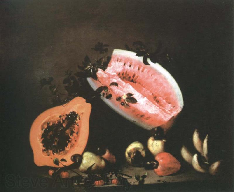 Mota, Jose de la still life of papaya,watermelon and cashew Norge oil painting art